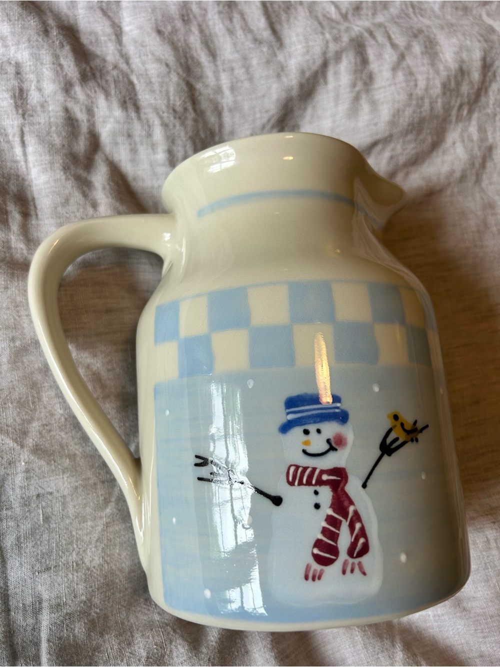 Vintage 1990 Lighthouse Point Pottery Snowman Ceramic Pitcher Creamer Blue Check